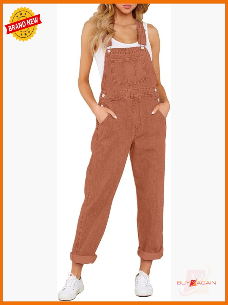 Women's Stretch Denim Bib Overalls Casual Jumpsuit Pocketed